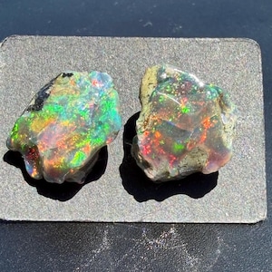 May include: Two raw, uncut opal gemstones featuring a translucent base with vibrant flashes of green, red, and orange play-of-colour. The stones have irregular, jagged edges and natural textures, displaying a multi-coloured iridescent surface.