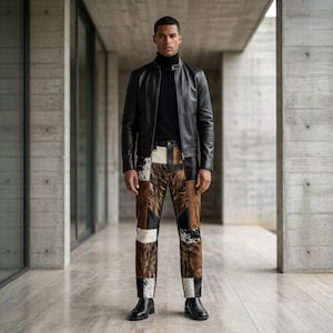 May include: A black leather jacket worn over a black turtleneck sweater, paired with trousers featuring a patchwork design of brown, black, and white animal print fur panels. The outfit is completed with black leather boots.