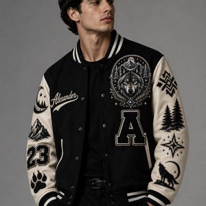 Custom Wolf Varsity Jacket, Personalized Letterman Jacket, Moon Wolf Baseball Jacket, Embroidered College Jacket, Graduation Gift