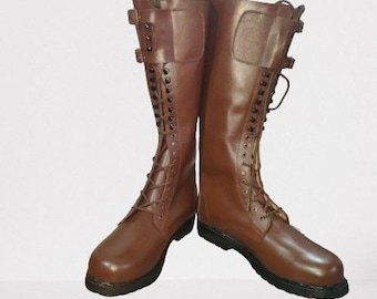 Brown Leather Military Combat Boots Handmade Lace Up Knee High Leather Boots Tactical Riding Custom Boots