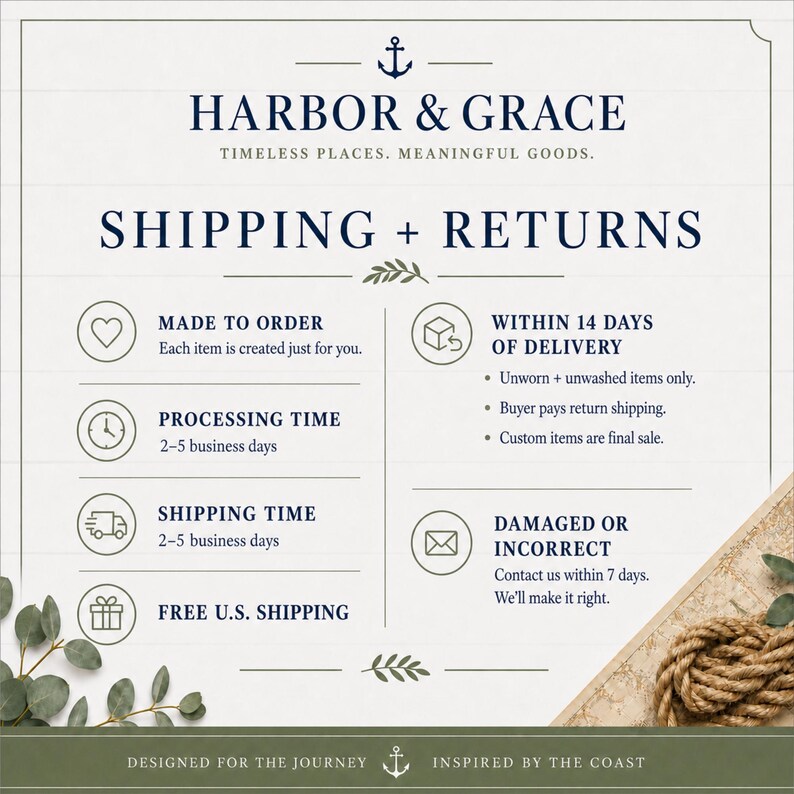 Pode incluir: Um gr&aacute;fico informativo branco com texto azul escuro intitulado Harbor & Grace, Timeless Places, Meaningful Goods. Apresenta &iacute;cones para envios, devolu&ccedil;&otilde;es e pol&iacute;ticas, decorado com folhas de eucalipto e um n&oacute; de corda n&aacute;utica.