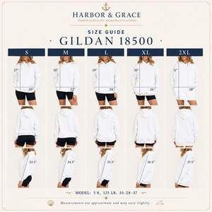 Pode incluir: Um guia de tamanhos para o moletom com capuz Gildan 18500 da Harbor & Grace. A tabela exibe moletons brancos do tamanho P ao 2GG, com vistas frontal, traseira e lateral, medidas em polegadas de comprimento e largura, e dados do modelo 5'8, 125 lbs.