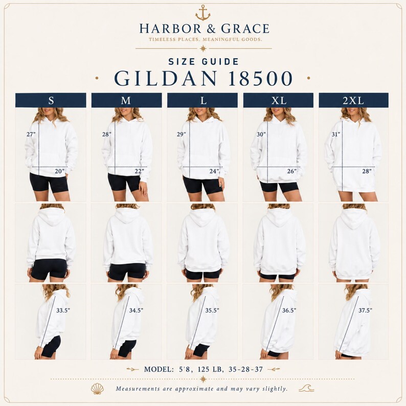 Pode incluir: Um guia de tamanhos para o moletom com capuz Gildan 18500 da Harbor & Grace. A tabela exibe moletons brancos do tamanho P ao 2GG, com vistas frontal, traseira e lateral, medidas em polegadas de comprimento e largura, e dados do modelo 5'8, 125 lbs.