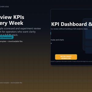 Könnte beinhalten: Eine digitale Produktoberfläche mit dem Titel The Watchers Edge, dem Text Review KPIs Every Week, einer Beschreibung eines Scorecard- und Experiment-Review-Systems, einem türkisfarbenen Digital Download-Button und einem gelben BUYER-READY WORKFLOW-Button.