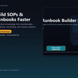May include: A digital download product titled The Watchers Edge, featuring a Runbook Builder Pack Notion template. The dark blue interface displays text including Build SOPs & Runbooks Faster, Turn tribal knowledge into maintainable procedures, and Buyer-Ready Workflow.