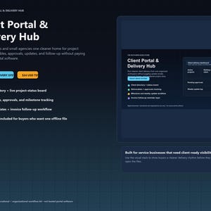 Può includere: Un design di interfaccia digitale per un Client Portal & Delivery Hub. Il layout presenta testo bianco su sfondo blu scuro, includendo una bacheca dello stato del progetto, il tracciamento delle consegne e un flusso di lavoro per le fatture.