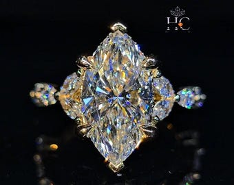 2.75 CT Marquise Moissanite Engagement Ring, Vintage Marquise Station Band, 14K Gold Three Stone Bridal Ring, Halo Cluster Wedding Ring.