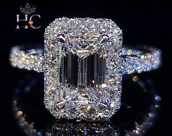 Anel de noivado com moissanita lapidada em esmeralda de 3 quilates, anel com halo cravejado de pavé texturizado, aliança de casamento em ouro branco 14K, anel marcante para presentear.