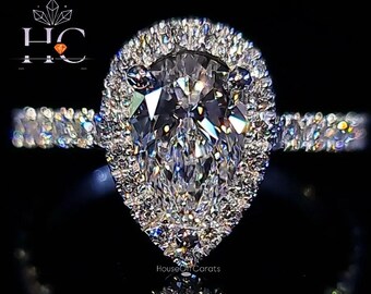 Anel com diamante de 3 quilates em formato de pera, lapidação cravejada de gelo, cultivado em laboratório, aliança de casamento com diamante em formato de gota e halo, aro em ouro branco cravejado com moissanita, presente de aniversário feito à mão.