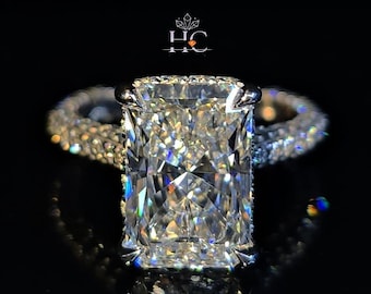5 CT Radiant Ice-Cut Engagement Ring, Stunning Moissanite Diamond Hidden Halo Ring,Round Enternity Pave Wedding Band, 14K White Gold Jewelry
