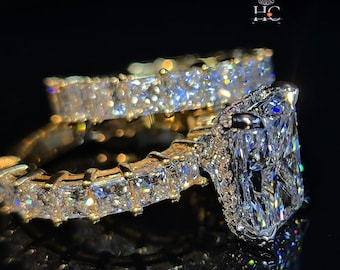 Anel com Moissanita de 4 quilates com lapidação radiante, aliança eterna cravejada com diamantes em formato de almofada, anel de noivado combinando com aliança cravejada com pavé em várias fileiras de diamantes em lapidação almofada em ouro maciço 14K.