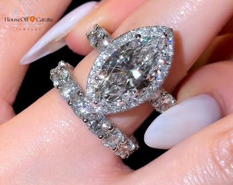 Anel de noivado com diamante cultivado em laboratório lapidado em formato marquise de 3 quilates, halo oculto de moissanita, aro cravejado em pavé de ouro branco 14K, presente de aniversário para mulheres.