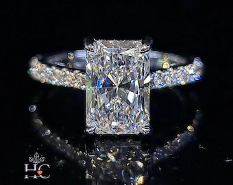 Anel de Noivado com Moissanita Crushed Ice de 3,5 CT com Corte Radiante, Anel Marcante com Halo Oculto e Cravação Pavé de Corte Redondo, Joia de Pedido de Aniversário para Ela