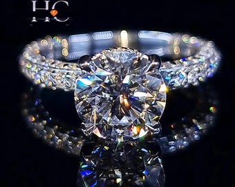 Anel de noivado com diamante redondo de 3 quilates com lapidação cravejada de diamantes, deslumbrante anel com halo oculto de diamantes em moissanita, aliança de casamento em ouro com pavé redondo, presente de aniversário para ela.