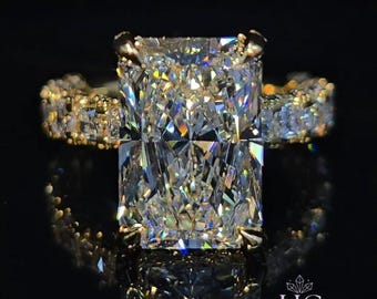 Anel alongado com corte radiante de gelo triturado de 5 quilates, anel com halo oculto de moissanita, aro cravejado com várias pedras em ouro amarelo 14K, joia de noiva com cluster.