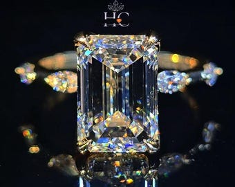 3.75 CT Emerald Cut Moissanite Ring, Iced Out Eternity Marquise Pave Band, Solitaire Engagement Ring, 14K Yellow Gold Ring, Gift for Fiancee