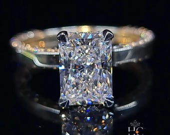 Aliança de casamento com diamantes de 3,5 quilates com corte radiante e pedra triturada, anel com pavé redondo e halo oculto, aliança em ouro maciço 14K para mulheres, anel de promessa eterna.