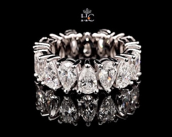 Aliança de casamento eterna com diamantes moissanita lapidados em formato de pera, anel de noivado em ouro 14K, anel com cravação pavé de diamantes, joia feita à mão.