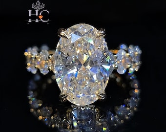 Anel com diamante moissanita de 3,75 quilates com lapidação oval "crushed-ice", aliança oval com cravação compartilhada, anel de casamento em ouro 14K com halo oculto, anel marcante.