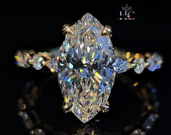 Anel de noivado com diamante de 5 quilates em lapidação marquise e acabamento "crushed-Ice", deslumbrante anel com halo oculto de diamantes em moissanita, aliança de casamento com pavé em lapidação marquise e redonda.