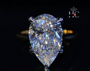 Anel de Noivado com Moissanita Crushed Ice de 5 Quilates em Corte Pera, Anel Alongado com Cravação Pavé em Formato de Flor e Halo Oculto, Aliança de Casamento em Ouro 18K com Design em Gota.