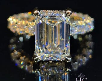 3.5 CT Emerald Cut Moissanite Ring, Iced Out Eternity Band, Multi Row Pave Engagement Ring, 14K Gold Hidden Accent Ring, Gift for Fiancee.