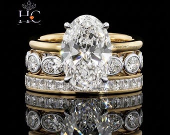 3 CT Oval Moissanite Bridal Set, Solid Gold 3 Piece Ring Stack, Unique Bezel Set Eternity Ring, Princess Cut Channel Band, Promise Ring Set.