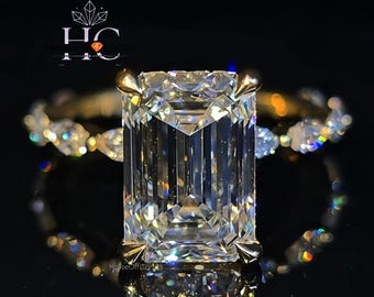 Anel com esmeralda de 4 quilates com corte alongado "crusted ice", anel com halo oculto de moissanita, aro cravejado com várias pedras em formato de bolha em ouro amarelo, presente de aniversário.