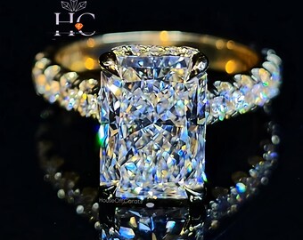 Anel de 4 quilates com corte radiante em estilo "gelo triturado", halo oculto de moissanita, aro cravejado com várias pedras em ouro amarelo, presente de aniversário para ela.
