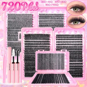 Pode incluir: Um kit de extensão de cílios de 720 peças com várias bandejas de cílios sintéticos pretos, dois aplicadores bond and seal rosa, uma pinça aplicadora rosa e uma escova de cílios rosa. A embalagem inclui os rótulos 30D+40D, 40D+80D e 80D+100D.