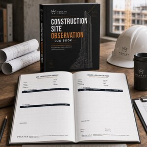 Può includere: Un registro di osservazione del cantiere con copertina rigida nera, testo bianco e arancione e un'illustrazione wireframe di un edificio. Il libro aperto mostra modelli di rapporto stampati per le osservazioni e le attività di follow-up.