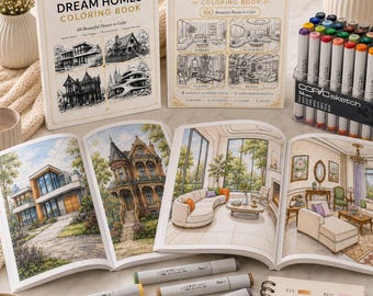 Dream Homes & Cozy Interiors Coloring Book Bundle, Printable Adult Coloring Pages, Architecture PDF Download