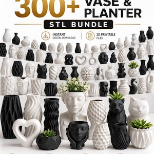 Puede incluir: Una colección digital de más de 300 archivos STL de jarrones y macetas para impresión 3D. La imagen muestra numerosos recipientes decorativos en blanco y negro con diversas formas geométricas, animales y humanas, incluyendo macetas con rostros.