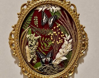Dark Academia Butterfly Art | Real Butterflies & Pressed Botanicals | Ornate Gold Convex Frame