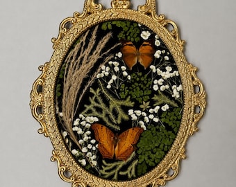 Framed Real Butterflies & Pressed Botanicals | Ornate Gold Convex Wall Art | Victorian Inspired Nature Display