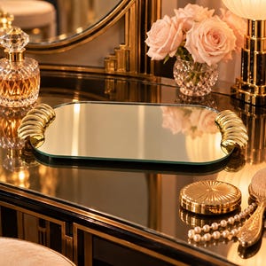 Puede incluir: Una bandeja rectangular con espejo que presenta asas doradas pulidas con un diseño circular y estriado. La bandeja tiene una superficie de vidrio lisa y reflectante con esquinas redondeadas, ofreciendo una base elegante para organizar.
