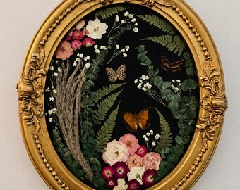 Vintage Convex Glass Butterfly & Botanical Wall Art | Real Butterflies, Pressed Flowers, Ornate Gold Frame