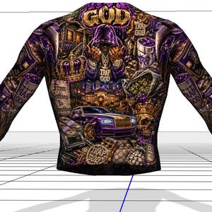 May include: A long-sleeved shirt featuring an all-over graphic print in shades of purple, gold, and black. The design includes a hooded figure, a luxury car, a crown, a skull, and text that reads "TRAP GOD" and "From Nothing To Something."