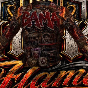 May include: A long-sleeve shirt featuring a dark, intricate graphic print with the word BAMA in large red letters across the chest. The design includes detailed illustrations of a city street, a cup labeled ROLL TIDE, and an Alabama championship emblem.