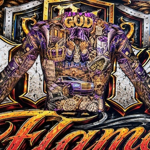 May include: A long-sleeved shirt featuring a vibrant, detailed graphic print in shades of purple, gold, and black. The design includes a hooded figure, a luxury car, a crown, stacks of cash, and the text "TRAP GOD" and "From Nothing To Something."