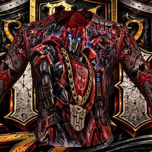 May include: A long-sleeved shirt featuring a vibrant, full-coverage graphic print of a red robotic character wearing a thick gold chain with a prominent Autobot emblem. The design includes intricate mechanical details, dark accents, and a bold, stylised background.