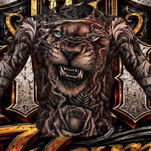 Può includere: Una maglia a maniche lunghe con una stampa grafica dettagliata di un leone ruggente con occhi color turchese, che indossa una corona. Il design include intricati motivi floreali, un quadrante di orologio su ogni manica e una grande rosa alla base.