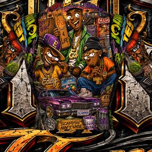 May include: A long-sleeve shirt featuring a vibrant, multi-coloured graphic print of cartoon characters, a purple car, and text including "Plank 4 Life," "Eddy," "Double D," "Scammin," and "Scammin Ain't Easy" set against a dark, ornate, metallic-style background.