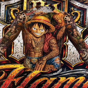 May include: A long-sleeve shirt featuring a vibrant, full-body graphic print of the anime character Monkey D. Luffy from One Piece. The design includes intricate details like gold chains, skull motifs, and text elements, set against a bold, fiery background.