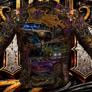 May include: A long-sleeve shirt featuring a vibrant, detailed graphic print of Louisiana-themed imagery, including a police car, classic cars, a fleur-de-lis, a Mardi Gras mask, and an alligator, set against a dark, ornate, metallic-style background.