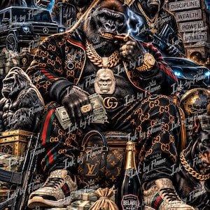 Puede incluir: Una ilustración digital de un gorila con corona, chándal estampado y joyas de oro, fumando un puro sentado en un trono. La escena incluye fajos de billetes, lingotes de oro, un bolso de lujo, una botella de champán y un perro.