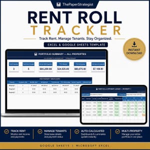 Rent Roll Tracker Excel | Landlord Payment Log | 12-Month Rolling Tracker | 3 Properties | Color-Coded Rent Status Dashboard