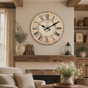 May include: A large round wall clock with a distressed cream-coloured face, black Roman numerals, and black metal hands. The centre features the text Samuel Krenen and 1858. The clock has a thin wooden frame and a weathered, vintage appearance.