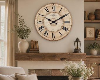 Grande horloge murale à chiffres romains silencieux - décoration de ferme style bois vintage