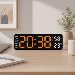 Könnte beinhalten: Eine rechteckige Digitaluhr mit schwarzem Zifferblatt und orangefarbener LED-Anzeige, die die Uhrzeit 20:38 anzeigt. Das Display enthält eine vertikale Liste der Wochentage mit hervorgehobenem Mittwoch, 58% Luftfeuchtigkeit und 23 Grad Celsius.